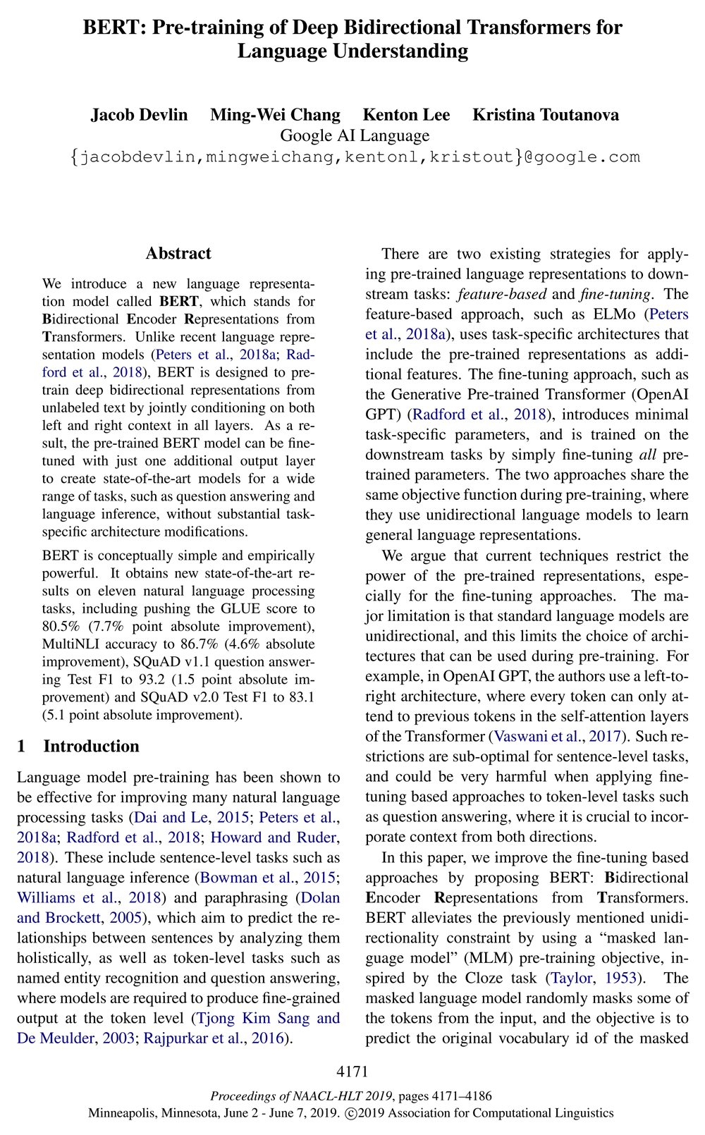 Page 1 of the BERT paper as printed: a title, the authors, and two narrow columns of small text.